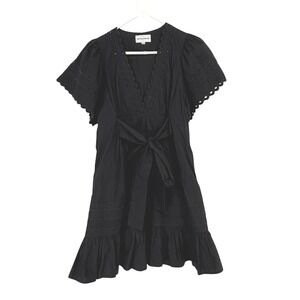 Antik Batik Black Cotton Eyelet Scalloped V-Neck Mini Dress Size M 40
